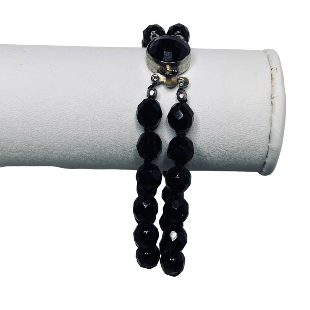 Two Strand Black Faceted Beads & Silver Tone Bracelet Made In Austria (4803)